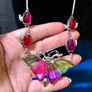 Handmade Bi Colour Tourmaline Butterfly 925 Sterling Silver'' Necklace.